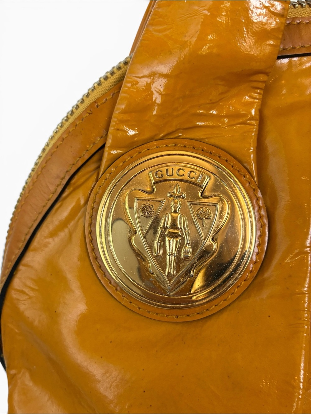 Gucci Hysteria Patent Leather Large Tote Bag Mustard Yellow Gold Crest - Picture 8 of 11